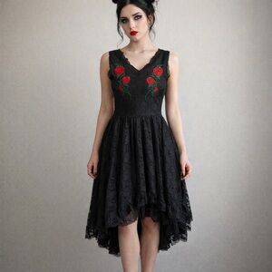 New! Spin Doctor Gothic Lace Selena Embroidered Rose Black‎ Dress Size Small